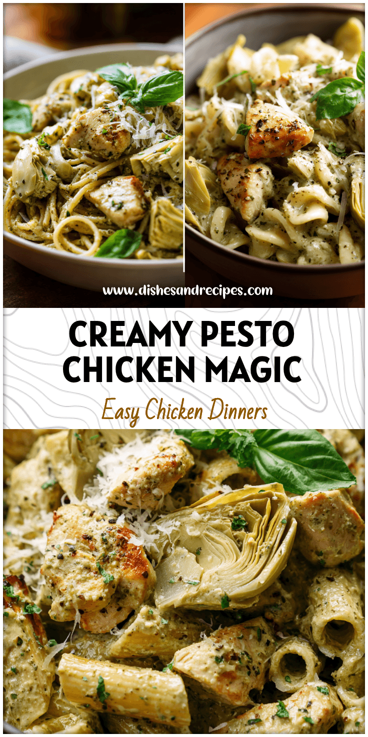 A bowl of creamy pesto chicken pasta with artichokes garnished with fresh basil and parmesan cheese.